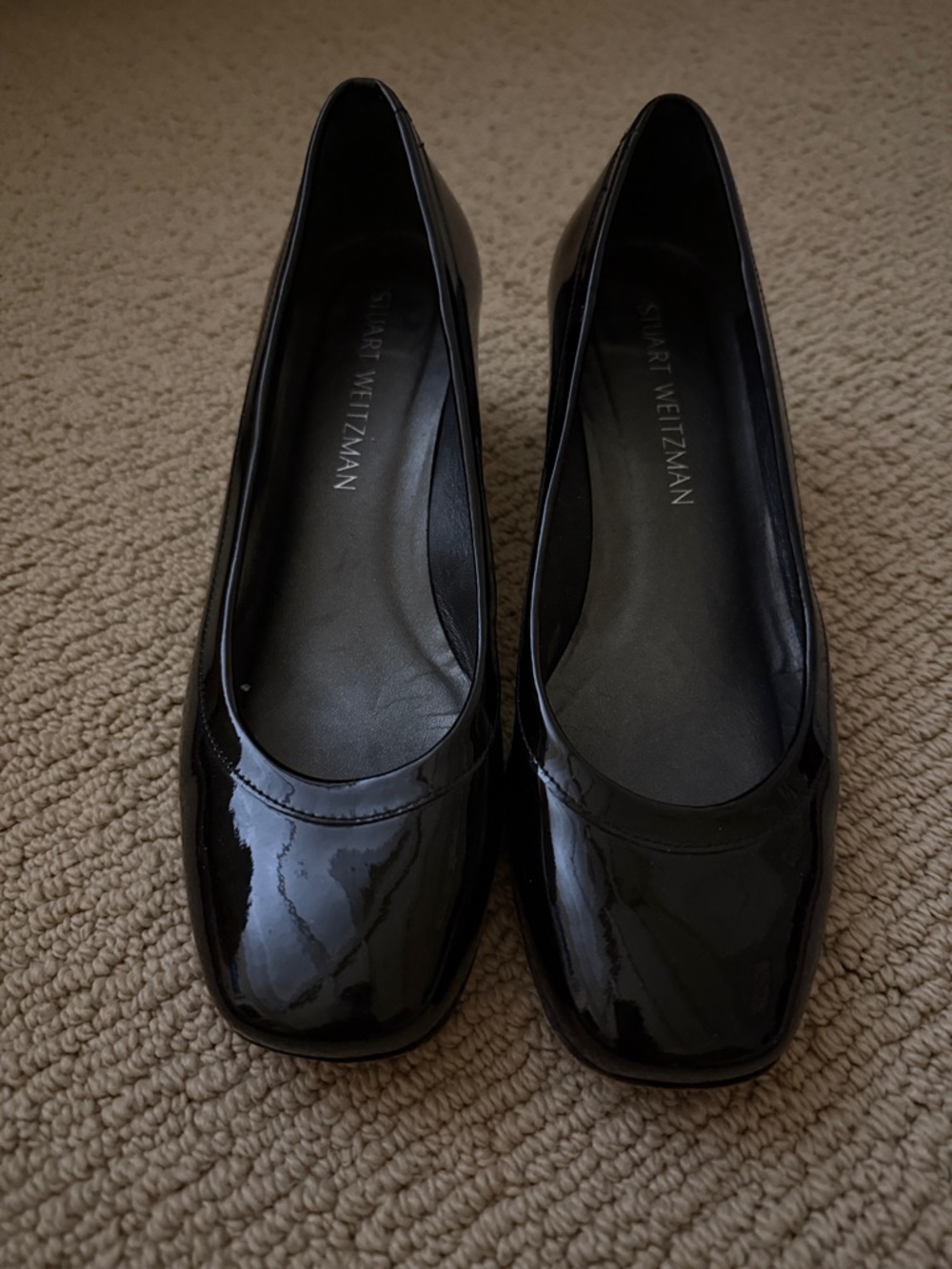 Stuart Weitzman Black Patent Square-Toe one inch heels